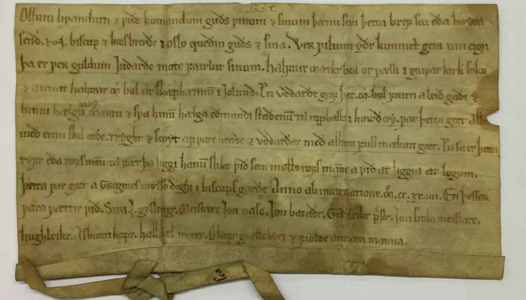 Dette brevet er datert 12. mars 1225. Det kan være et av de eldste skriftlige tilfellene av datering vi kjenner til i dag. (Foto: Jo Rune Ugulen/Riksarkivet)