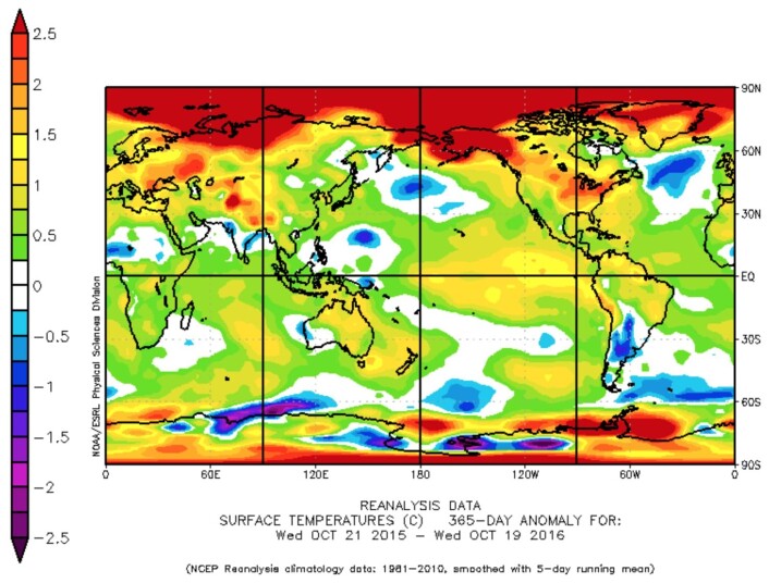 Temperaturanomali for siste 365 døgn, basert på amerikansk reanalyse. Normalperioden her er 1981-2010. (Bilde: NOAA) Temperaturanomali for siste 365 døgn, basert på amerikansk reanalyse. Normalperioden her er 1981-2010. (Bilde: NOAA)