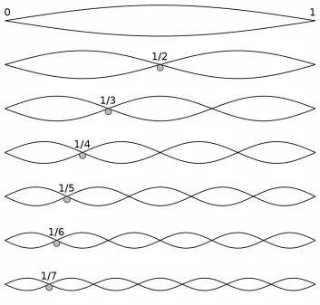 En streng kan svinge med hele lengden. Det gir den dypeste tonen. Svingebølgen kan også dele opp strengen i flere like lange, kortere og kortere deler. Slik oppstår den harmoniske overtonerekken. (Foto: (Figur: Wikimedia Commons, public domain))