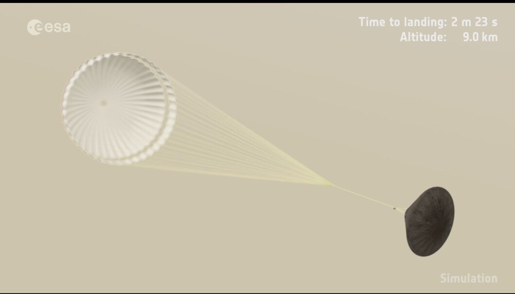 Schiaparelli på vei gjennom Mars' atmosfære, slik ESA har sett det for seg i en datasimulering. Det siste minuttet av landingen gikk sannsynligvis galt. (Bilde: ESA/Skjermdump) Schiaparelli på vei gjennom Mars' atmosfære, slik ESA har sett det for seg i en datasimulering. Det siste minuttet av landingen gikk sannsynligvis galt. (Bilde: ESA/Skjermdump)