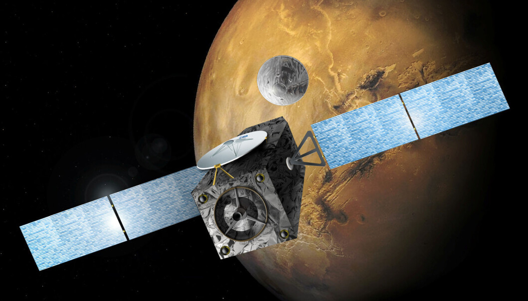 En illustrasjon laget av ESA viser Mars-sonden Trace Gas Orbiter (TGO) og landingsfartøyet Schiaparelli like etter at de to er koblet fra hverandre. (Foto: Handout / Reuters / NTB scanpix) En illustrasjon laget av ESA viser Mars-sonden Trace Gas Orbiter (TGO) og landingsfartøyet Schiaparelli like etter at de to er koblet fra hverandre. (Foto: Handout / Reuters / NTB scanpix)