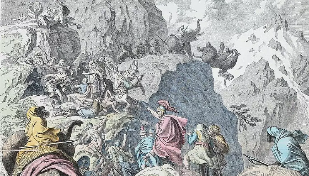Moderne framstilling av Hannibals ferd over alpene. Hannibal var Kartagos mest kjente general. (Bilde: Heinrich Leutermann)