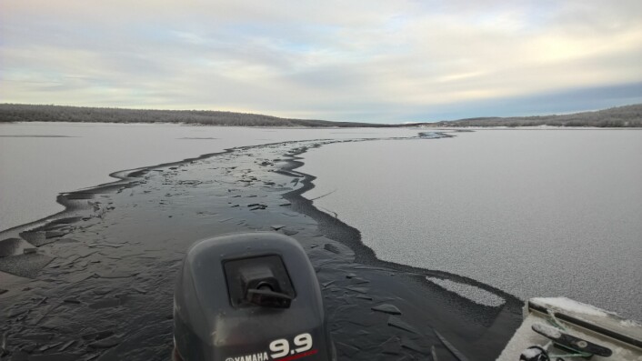 Enkelte dager er tykkelsen av isen akkurat på grensen til at vi kan komme ut på innsjøene. (Foto: Kim Præbel)