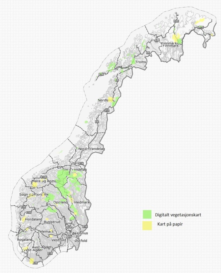 Områdene som er vegetasjonskartlagt og registrert den 18. oktober 2016. (Foto: Kilde: kilden.nibio.no) Områdene som er vegetasjonskartlagt og registrert den 18. oktober 2016. (Foto: Kilde: kilden.nibio.no)