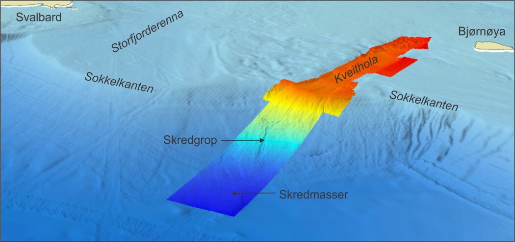 3D-bilde over MAREANO sitt kartleggingsområde på kontinentalskråningen vest for Kveithola. Dybdedataene er samlet inn av MAREANO og Universitetet i Tromsø. Området med skred er vist. Rødt: grunnest; Dypt blått: dypest. Dybdedataene som dekker resten av kartet i blått er fra EMODNET. 3D-bilde over MAREANO sitt kartleggingsområde på kontinentalskråningen vest for Kveithola. Dybdedataene er samlet inn av MAREANO og Universitetet i Tromsø. Området med skred er vist. Rødt: grunnest; Dypt blått: dypest. Dybdedataene som dekker resten av kartet i blått er fra EMODNET.
