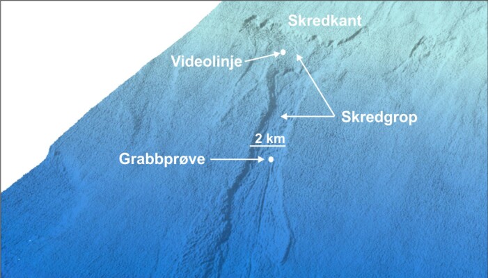 Skyggerelieffbilde i 3D over skredområdet vest for Kveithola ved Bjørnøya. Plasseringen til videolinjen og grabbprøven i skredgropen er vist. Skyggerelieffbilde i 3D over skredområdet vest for Kveithola ved Bjørnøya. Plasseringen til videolinjen og grabbprøven i skredgropen er vist.