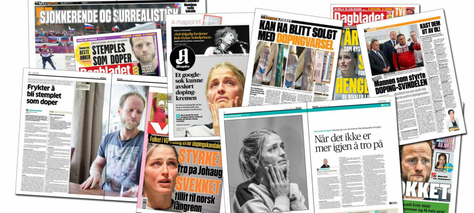 Mediene tar i bruk sterke ord når det er snakk om doping i toppidretten.  (Foto: faksimile fra VG, Aftenposten og Dagbladet)