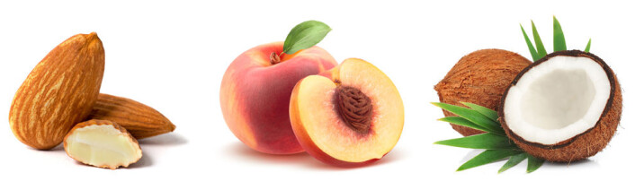 Mandler er frøet til en steinfrukt. Vi spiser fruktveggen på en fersken. Kokosnøtta er fylt med næringen til frøet. (Foto: Shutterstock / NTB scanpix) Mandler er frøet til en steinfrukt. Vi spiser fruktveggen på en fersken. Kokosnøtta er fylt med næringen til frøet. (Foto: Shutterstock / NTB scanpix)