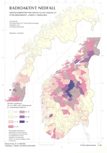 Kart over nedfallet frå Tsjernobyl-ulykka i 1986 (gjennomsnittverdiar per kommune). Ikkje ein gong i dei mest forureina områda forventar vi å kunne sjå nokon auke i kreftførekomst. Kart over nedfallet frå Tsjernobyl-ulykka i 1986 (gjennomsnittverdiar per kommune). Ikkje ein gong i dei mest forureina områda forventar vi å kunne sjå nokon auke i kreftførekomst.