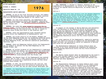 Slike dokumenter er noen av kildene til den amerikanske delen av prosjektet. Her ser vi en "executive order" fra guvernøren av Massachusetts, et svar på aktivisme i 1970-årene.
