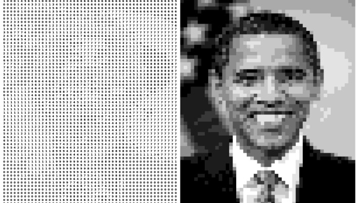 De elektriske signalene fra øyets netthinne er i prinsippet ikke noe annet enn tall som hjernens visuelle system analyserer lynkjapt for å finne for eksempel ansiktet til en amerikansk president. (Illustrasjon: PixelObama, Milad Hobbi Mobarhan, CC BY 4.0 https://creativecommons.org/licenses/by/4.0/deed.no) De elektriske signalene fra øyets netthinne er i prinsippet ikke noe annet enn tall som hjernens visuelle system analyserer lynkjapt for å finne for eksempel ansiktet til en amerikansk president. (Illustrasjon: PixelObama, Milad Hobbi Mobarhan, CC BY 4.0 https://creativecommons.org/licenses/by/4.0/deed.no)