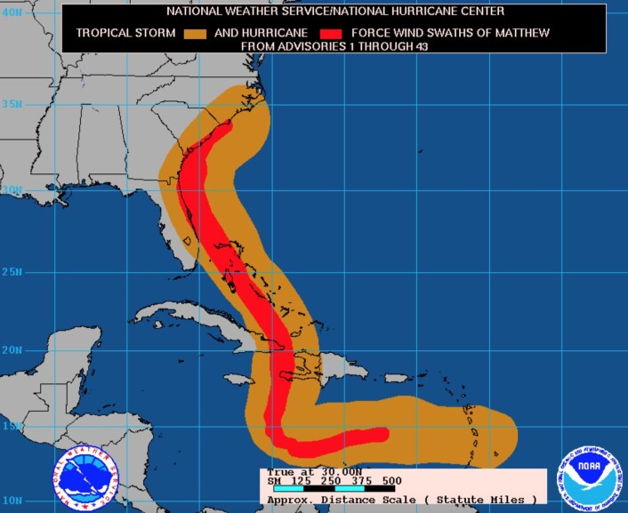 Slik beveget "Matthew" seg (rød farge indikerer orkan vindstyrke, mens oransje farge "bare" er storm). (Bilde: NOAA) Slik beveget "Matthew" seg (rød farge indikerer orkan vindstyrke, mens oransje farge "bare" er storm). (Bilde: NOAA)