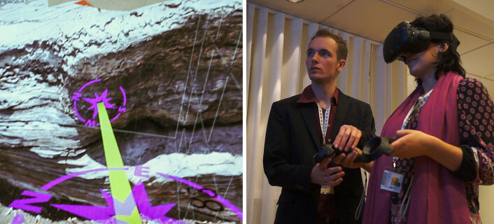 VR-lasersverd mot lagdelt stein: En geolog ser seg rundt i et 3D-skannet landskap og markerer bruddflater med håndkontrollen, veiledet av Gabrile Lanzer Kannenberg fra Advanced Visualization Laboratory i Brasil. (Foto: Arnfinn Christensen, forskning.no) VR-lasersverd mot lagdelt stein: En geolog ser seg rundt i et 3D-skannet landskap og markerer bruddflater med håndkontrollen, veiledet av Gabrile Lanzer Kannenberg fra Advanced Visualization Laboratory i Brasil. (Foto: Arnfinn Christensen, forskning.no)