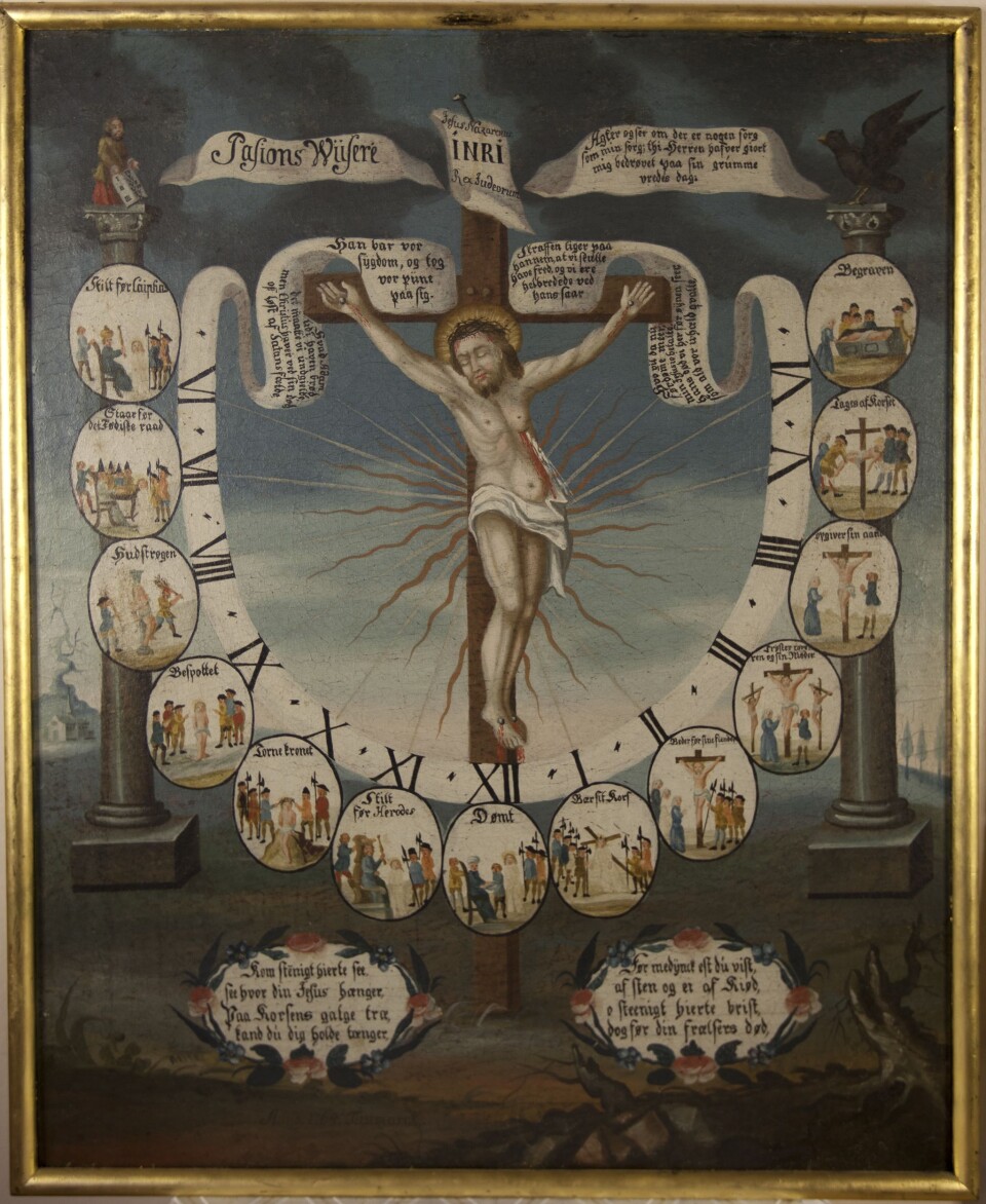 Pasjonsviseren i Tranby kirke. Av dekorasjonsmaler E.G. Tunmarck Foto: NIKU