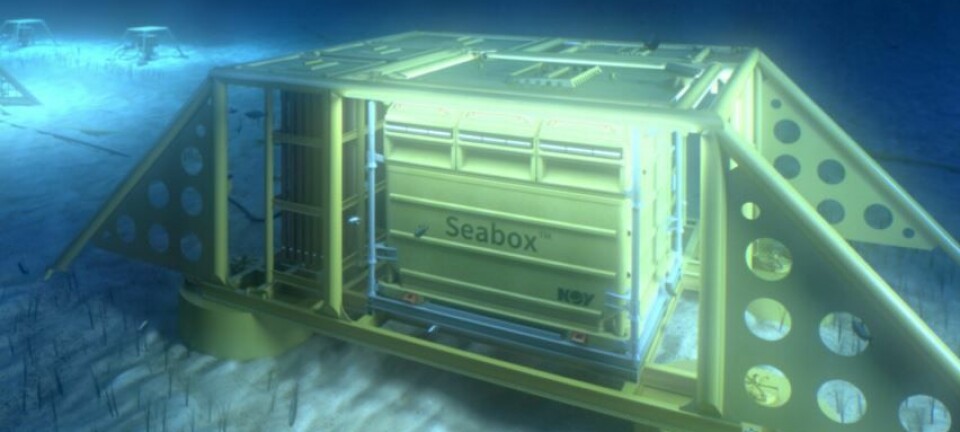 Dette er en illustrasjon av boksen som kan avsalte sjøvann på havbunnen, som er utviklet av firmaet Seabox. Boksen kan gi mer lønnsom oljeutvinning. Bedriften har fått forskningsmidler fra Forskningsrådet for å få teknologien på markedet. Nå lover Tord Lien mer til slike tiltak.  (Illustrasjon: Seabox)