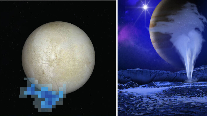 Til venstre: De blå feltene viser hvor Hubble-teleskopet så utslipp av vanndamp over Europas sydpol i 2012. Til høyre: Artistens inntrykk av hvordan et utslipp av vanndamp på Europa kan arte seg. (Foto: (Bilder: NASA/ESA/L. Roth/SWRI/University of Cologne (Hubble-grafikk), NASA/ESA/K. Retherford/SWRI (illustrasjon))) Til venstre: De blå feltene viser hvor Hubble-teleskopet så utslipp av vanndamp over Europas sydpol i 2012. Til høyre: Artistens inntrykk av hvordan et utslipp av vanndamp på Europa kan arte seg. (Foto: (Bilder: NASA/ESA/L. Roth/SWRI/University of Cologne (Hubble-grafikk), NASA/ESA/K. Retherford/SWRI (illustrasjon)))