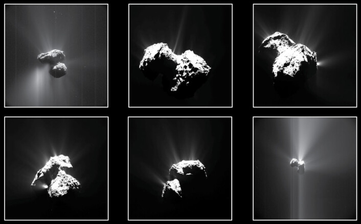 Seks av de mest lyssterke utbruddene på komet 67P fotografert fra Rosetta mellom juli og september 2015. (Foto: OSIRIS: ESA/Rosetta/MPS for OSIRIS Team MPS/UPD/LAM/IAA/SSO/INTA/UPM/DASP/IDA; NavCam: ESA/Rosetta/NavCam – CC BY-SA IGO 3.0) Seks av de mest lyssterke utbruddene på komet 67P fotografert fra Rosetta mellom juli og september 2015. (Foto: OSIRIS: ESA/Rosetta/MPS for OSIRIS Team MPS/UPD/LAM/IAA/SSO/INTA/UPM/DASP/IDA; NavCam: ESA/Rosetta/NavCam – CC BY-SA IGO 3.0)
