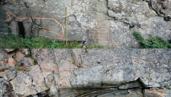 Arkeologene har svært gode resultater å vise til når det gjelder skjøtsel av bergkunst i Midt-Norge. Øverst som kunsten fremsto i 2005, nederst i 2012. Disse helleristningene er på Strand i Osen kommune. (Foto: Eva Lindgaard, NTNU Vitenskapsmuseet)