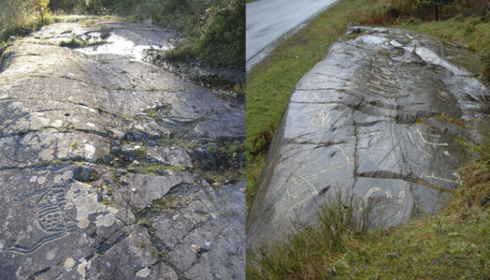 Bergkunstfelt i Holtås, Levanger kommune før tildekkingen i 2004, og samme bergflate etter regelmessig tildekking og etanolbehandling over flere år. (Foto: Roar Sæterhaug , NTNU Vitenskapsmuseet 2004 og Eva Lindgaard, NTNU Vitenskapsmuseet 2011) Bergkunstfelt i Holtås, Levanger kommune før tildekkingen i 2004, og samme bergflate etter regelmessig tildekking og etanolbehandling over flere år. (Foto: Roar Sæterhaug , NTNU Vitenskapsmuseet 2004 og Eva Lindgaard, NTNU Vitenskapsmuseet 2011)