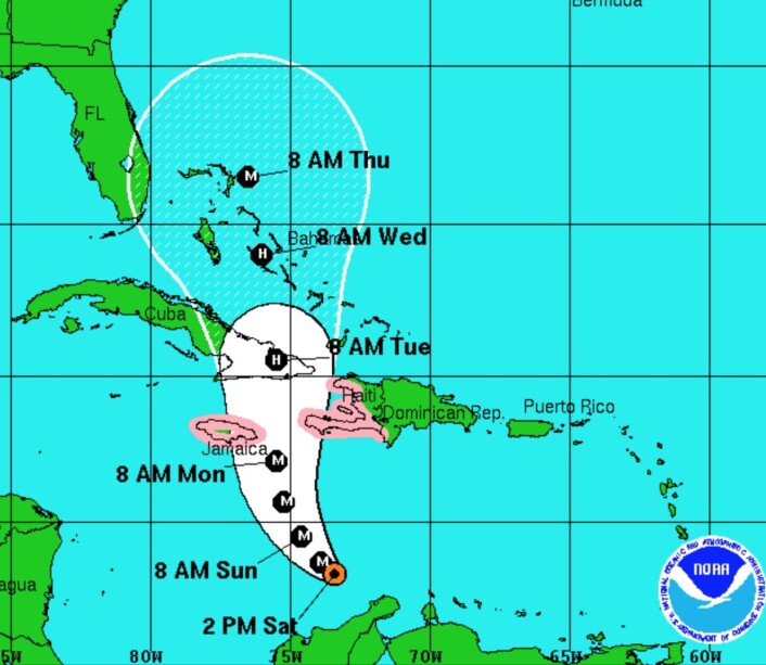 Slik er prognosen for "Matthew", som er en meget sterk orkan. (Bilde: NOAA) Slik er prognosen for "Matthew", som er en meget sterk orkan. (Bilde: NOAA)