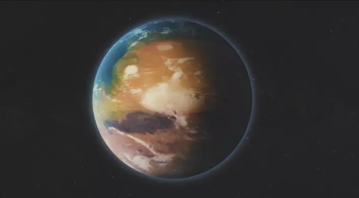 Slik ser Elon Musk for seg Mars som en terraformet planet, med grønn vegetasjon og hav. (Foto: Skjermdump/SpaceX)