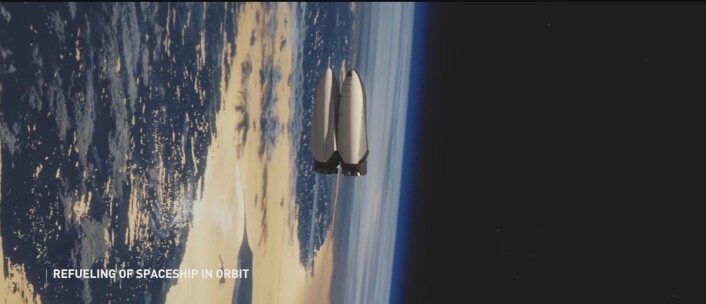 Slik ser SpaceX for seg at romskipet vil tanke i bane rundt jorden, før selve ferden til Mars. (Foto: (Bilde: SpaceX/Skjermdump)) Slik ser SpaceX for seg at romskipet vil tanke i bane rundt jorden, før selve ferden til Mars. (Foto: (Bilde: SpaceX/Skjermdump))