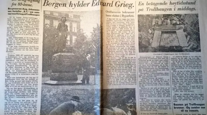 Bergens Tidende 15. juni 1943, då ein feira 100-års jubileet for Edvard Grieg sin fødselsdag. (Foto: (Faksimile frå Bergens Tidende))