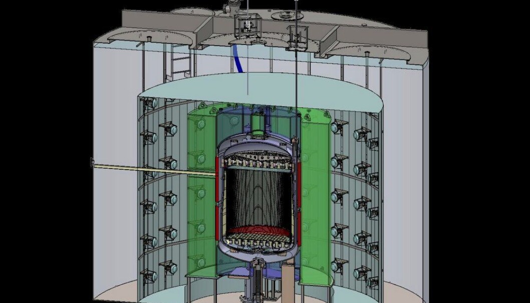 Slik skal LUX-ZEPLIN-detektoren se ut. Tanken i midten skal fylles med ti tonn flytende xenon. Rundt finnes måleutstyr som kan plukke opp små lysglimt - vitner om at kjernen i et av xenonatomene er truffet av noe. Kanskje en partikkel av mørk materie. (Illustrasjon: Matt Hoff/Berkeley Lab) Slik skal LUX-ZEPLIN-detektoren se ut. Tanken i midten skal fylles med ti tonn flytende xenon. Rundt finnes måleutstyr som kan plukke opp små lysglimt - vitner om at kjernen i et av xenonatomene er truffet av noe. Kanskje en partikkel av mørk materie. (Illustrasjon: Matt Hoff/Berkeley Lab)