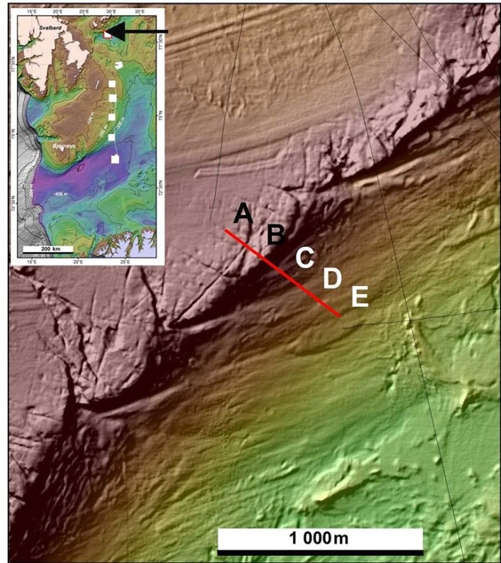 Fig. 1. Multistrålebatymetrien viser fjellryggen med sørvestlig - nordøstlig retning. Rødbrun farge viser de grunneste områdene på rundt 192 m vanndyp. (Foto: (Kart: Mareano / Havforskningsinstituttet)) Fig. 1. Multistrålebatymetrien viser fjellryggen med sørvestlig - nordøstlig retning. Rødbrun farge viser de grunneste områdene på rundt 192 m vanndyp. (Foto: (Kart: Mareano / Havforskningsinstituttet))