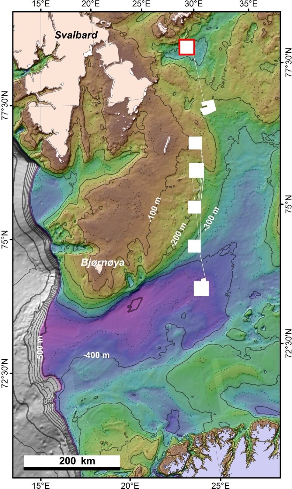 Oversiktskart for bio- og geokartlegging i sju bokser i Barentshavet. Dybdedata fra International Bathymetric Chart of the Arctic Ocean (Jakobsson et al. 2012). Den røde firkanten viser boks 7. (Foto: (Kart: Mareano/Havforskningsinstituttet))