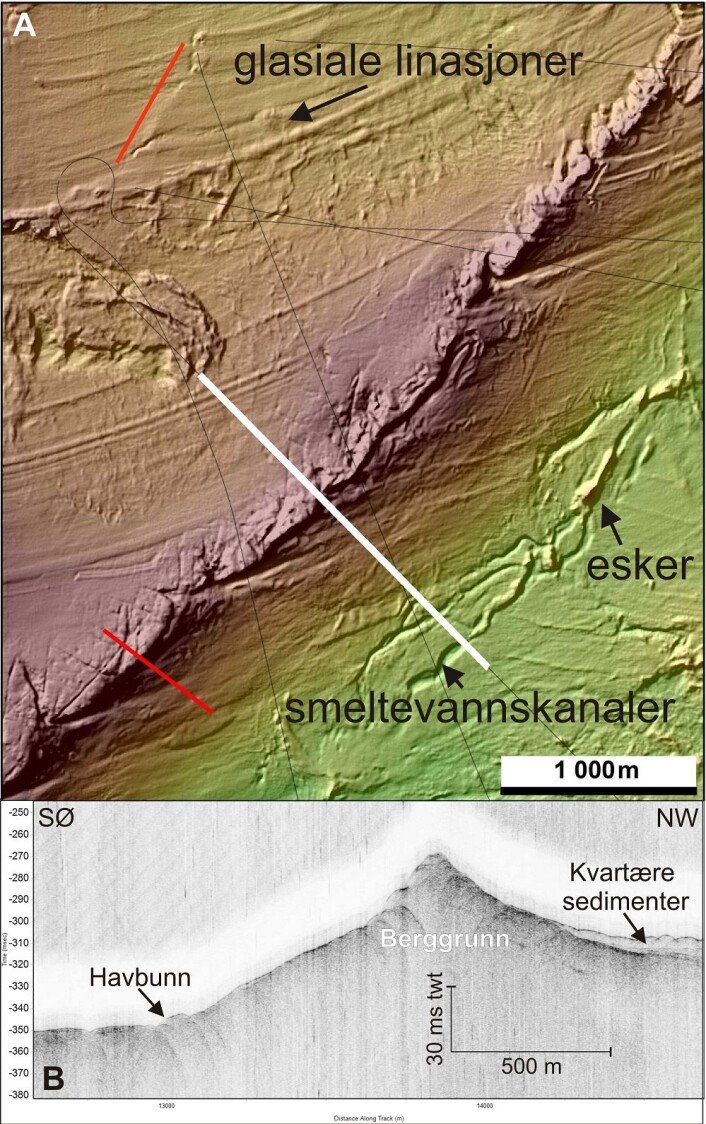 Figur 4. A) Multistråledata med videolinjer i rødt, TOPAS-profiler i svart og TOPAS profilen i figur B i hvitt. Fargeskalen er den samme som på Figur 2. B) På TOPAS-profilen ser vi berggrunnsryggen i den nordvestlige delen av boks 7. (Foto: (Kilde: Mareano/Havforskningsinstituttet)) Figur 4. A) Multistråledata med videolinjer i rødt, TOPAS-profiler i svart og TOPAS profilen i figur B i hvitt. Fargeskalen er den samme som på Figur 2. B) På TOPAS-profilen ser vi berggrunnsryggen i den nordvestlige delen av boks 7. (Foto: (Kilde: Mareano/Havforskningsinstituttet))