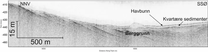 Figur 3. TOPAS-profil som viser skråstilte lag av sedimentære bergarter. Over disse skrålagene ligger det et tynt dekke av løsmasser. (Foto: (Kilde: Mareano / Havforskningsinstituttet))