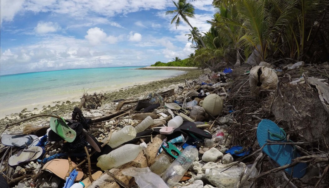 Sko, flasker og annet plastsøppel som ligger på en av strendene på Kokosøyene. Dette er Direction-øya. (Bilde: Silke Stuckenbrook) Sko, flasker og annet plastsøppel som ligger på en av strendene på Kokosøyene. Dette er Direction-øya. (Bilde: Silke Stuckenbrook)