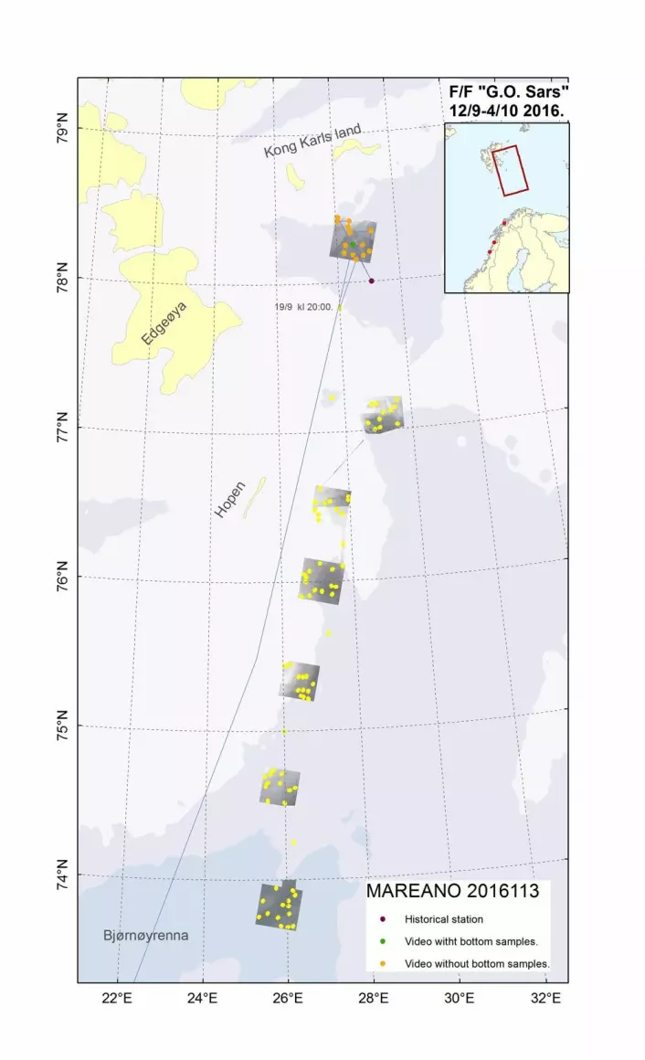 Området vi har undersøkt så langt ligger nord for Hopen-banken, sørøst for Kong Karls Land. (Foto: (Kart: Mareano/Havforskningsinstituttet))