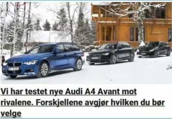 Faksimilen viser den redaksjonelle artikkelen fra Dagbladet 17. april som ble undersøkt. Leserne trodde saken var like påvirket av kommersiell aktør (Audi) som Remas betalte annonsørinnhold på VG. (Foto: (Skjermdump: SIFO-rapport))
