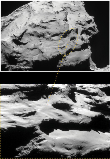 Bildet viser området der Rosetta skal havarere mot komet 67P/Churyumov–Gerasimenko den 30. september 2016. Den gule ellipsen markerer omtrent hvor sonden vil treffe, i et område med 60 meter dype og 100 meter brede groper der støv strømmer ut og danner kometens hale. (Foto: ESA/Rosetta/NavCam – CC BY-SA IGO 3.0) Bildet viser området der Rosetta skal havarere mot komet 67P/Churyumov–Gerasimenko den 30. september 2016. Den gule ellipsen markerer omtrent hvor sonden vil treffe, i et område med 60 meter dype og 100 meter brede groper der støv strømmer ut og danner kometens hale. (Foto: ESA/Rosetta/NavCam – CC BY-SA IGO 3.0)