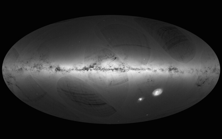 Gaias første kart over Melkeveien teller 1 milliard stjerner. Stripene og flekkene er artefakter på grunn av måten romteleskopet scanner himmelen og vil forsvinne ved flere scanninger. (Foto: ESA/Gaia/DPAC) Gaias første kart over Melkeveien teller 1 milliard stjerner. Stripene og flekkene er artefakter på grunn av måten romteleskopet scanner himmelen og vil forsvinne ved flere scanninger. (Foto: ESA/Gaia/DPAC)