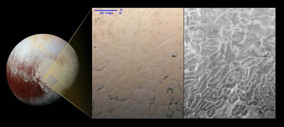 Sputnik planum er det store, lyse området på Pluto. Når forskerne ser nærmere etter, dekkes is-sletten av intrikate mønstre. Sletten skjuler også en diger forsenkning som er fylt av en enorm isbre. Isbreen er hovedsakelig laget av nitrogen-is, metan og karbonmonoksid.  (Bilde: NASA)