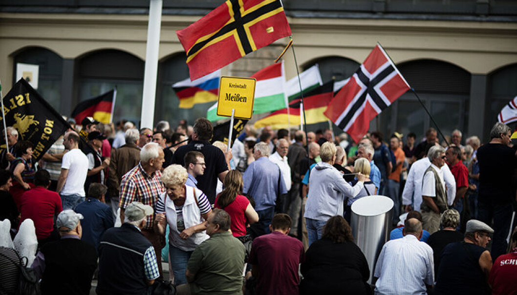 Verdier som toleranse, håp og rettferdigheter er på vikende front i Europa. Samtidig har bevegelser som PEGIDA (Patriotiske europeere mot islamifisering av Vesten) blitt mer stuerene. Her fra Dresden 2016. (Foto: NTB/ Scanpix) Verdier som toleranse, håp og rettferdigheter er på vikende front i Europa. Samtidig har bevegelser som PEGIDA (Patriotiske europeere mot islamifisering av Vesten) blitt mer stuerene. Her fra Dresden 2016. (Foto: NTB/ Scanpix)