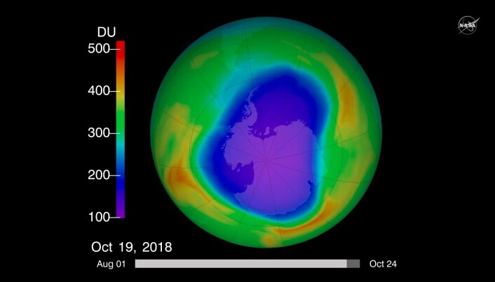 Hullet i ozonlaget over Antarktis om høsten 2018. Ozonlaget går gjennom årlige variasjoner, hvor hullet er størst om vinteren på den sørlige halvkule. (Bilde: NASA) Hullet i ozonlaget over Antarktis om høsten 2018. Ozonlaget går gjennom årlige variasjoner, hvor hullet er størst om vinteren på den sørlige halvkule. (Bilde: NASA)