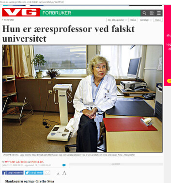 VG skrev om Grethe Støa Birketvedts falske æresdoktorat i 2008. (Foto: (Faksimile fra VG, 13.11.2008.)) VG skrev om Grethe Støa Birketvedts falske æresdoktorat i 2008. (Foto: (Faksimile fra VG, 13.11.2008.))