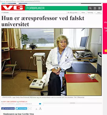 VG skrev om Grethe Støa Birketvedts falske æresdoktorat i 2008. (Foto: (Faksimile fra VG, 13.11.2008.))