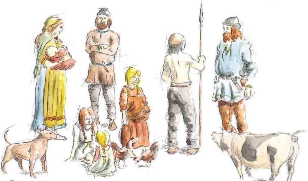Fagfolk har gjerne forestilt seg en tydelig arbeidsdeling mellom kvinner og menn i vikingtida, hevder arkeolog Marianne Moen. – Tegningene viser kvinner som lager mat og holder barn. Menn er de aktive, de som var i kamp, sier hun. Kanskje var det ikke slik likevel. Her er en tegning fra boka «Vikinger i Vest» fra 2009. (Illustrasjon: Peter Duun) Fagfolk har gjerne forestilt seg en tydelig arbeidsdeling mellom kvinner og menn i vikingtida, hevder arkeolog Marianne Moen. – Tegningene viser kvinner som lager mat og holder barn. Menn er de aktive, de som var i kamp, sier hun. Kanskje var det ikke slik likevel. Her er en tegning fra boka «Vikinger i Vest» fra 2009. (Illustrasjon: Peter Duun)