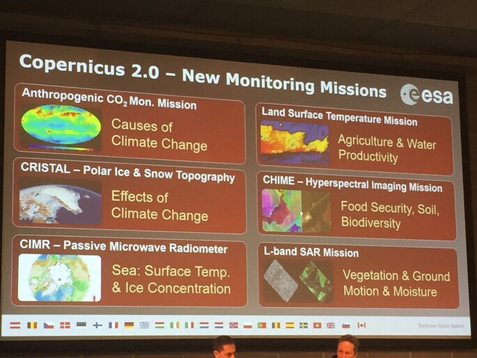 ESAs forslag til bygging av nye Copernicus-satellitter, presentert på Living Planet Symposium. (Foto: Dag A. Moldestad) ESAs forslag til bygging av nye Copernicus-satellitter, presentert på Living Planet Symposium. (Foto: Dag A. Moldestad)