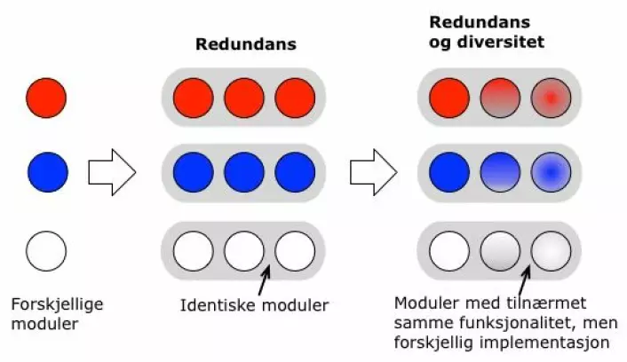 Her ser du hvordan et system kan se ut når det går fra å være modularisert, til å også ha flere moduler som gjør samme jobb og til slutt har moduler som gjør samme jobb, men som er forskjellige fra hverandre. (Foto: (Figur: Kjell Jørgen Hole))