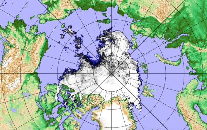 Sjøisen i Arktis er nær sitt laveste nivå for året nå. Noen rekord blir det altså ikke. (Bilde: Univ Bremen med målinger fra JAXA) Sjøisen i Arktis er nær sitt laveste nivå for året nå. Noen rekord blir det altså ikke. (Bilde: Univ Bremen med målinger fra JAXA)