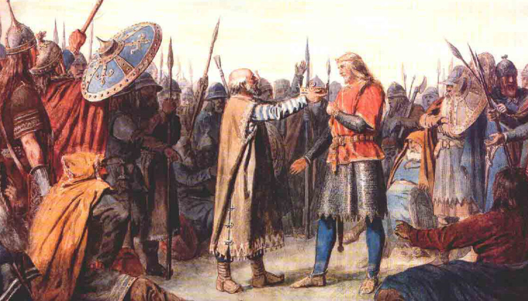 Kroningen av en av dine forfedre, Olav Tryggvason. For, ja, du er også i slekt med ham. (Malt av Peter Nicolai Arbo (1831-1892)) Kroningen av en av dine forfedre, Olav Tryggvason. For, ja, du er også i slekt med ham. (Malt av Peter Nicolai Arbo (1831-1892))