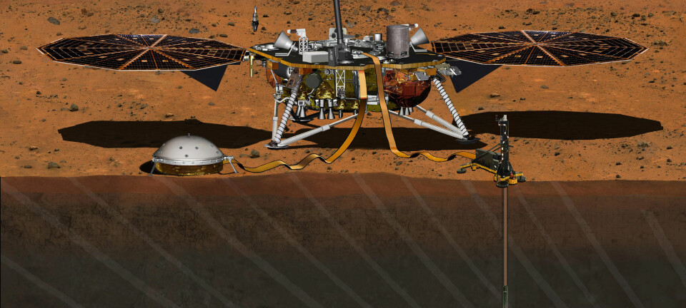 InSight skal blant annet måle ørsmå bevegelser i overflata på Mars. Målet er å finne ut mer om hvordan planeten ble dannet.  (Illustrasjon: NASA/JPL-Caltech)