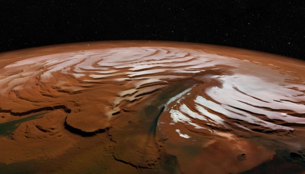 Sand- og islagene inneholder en historisk oversikt over klimaet på Mars. Islagene er som ringene på et tre, og viser vekst og tilbaketrekning gjennom tidene. (Bilde: SA/DLR/FU Berlin; NASA MGS MOLA Science Team) Sand- og islagene inneholder en historisk oversikt over klimaet på Mars. Islagene er som ringene på et tre, og viser vekst og tilbaketrekning gjennom tidene. (Bilde: SA/DLR/FU Berlin; NASA MGS MOLA Science Team)