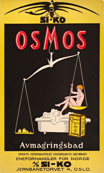 Avmagringsbadet fra 1928 fra Si-Ko A/S var tidens eneste vitenskapelige undersøkete skumbad, ifølge reklamen. (Foto: Nasjonalbiblioteket) Avmagringsbadet fra 1928 fra Si-Ko A/S var tidens eneste vitenskapelige undersøkete skumbad, ifølge reklamen. (Foto: Nasjonalbiblioteket)